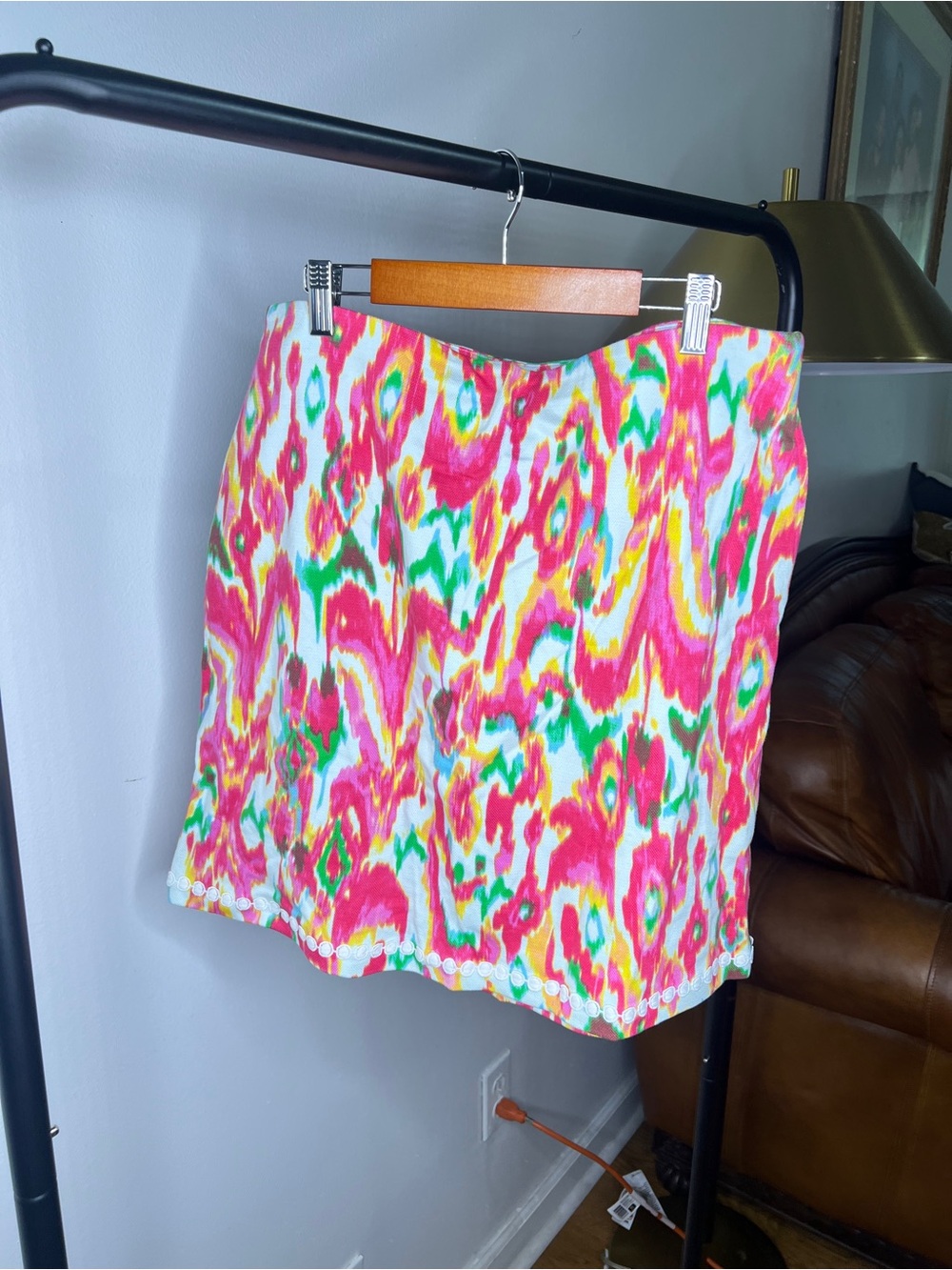 Belle by Kim Gravel Pink Ikat-Style Mini Skirt with Green and Yellow Accents